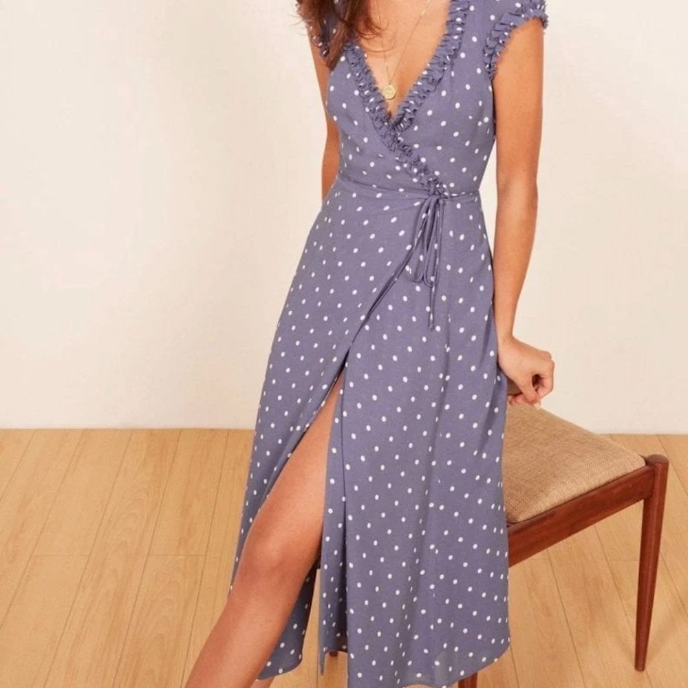 Reformation Gwenyth Wrap Midi Dress in Voila Polka Dot